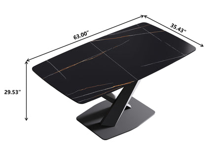 63" Artificial Stone Black Curved Black Metal Leg Dining Table - Black