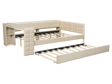 Upholstered Platform Bed With Storage Shelves, Desk, Charging Station And Trundle