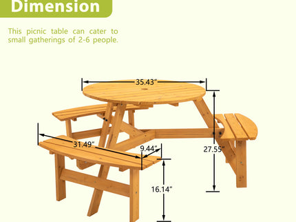 6 Person Circular Outdoor Wooden Picnic Table For Patio, Backyard, Garden, Diy With 3 Built-In Benches, 1720Lb Capacity