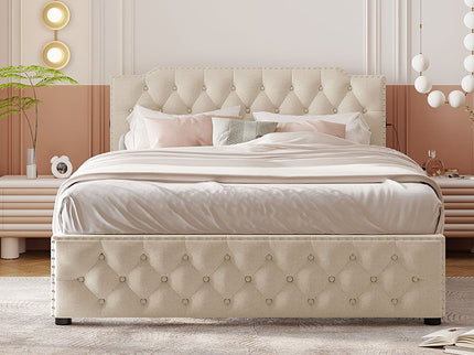 Upholstered Platform Bed With 2 Drawers And 2 Sets Of USB Ports On Each Side, Fabric