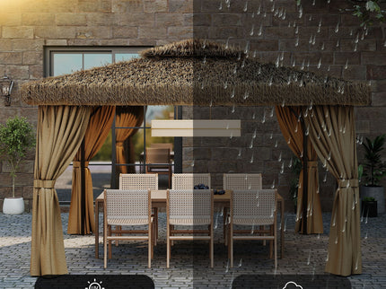 Outdoor Patio Gazebo With Double Canopy, Mosquito Net & Privacy Curtain - Brown