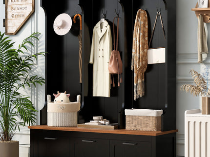 Hall Tree With Bench And Shoe Storage, 3 Large Drawers, Open Storage Shelves & Hooks