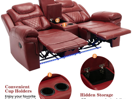 Home Theater Seating Manual Recliner Chair With Center Console And LED Light Strip For Living Room - Red