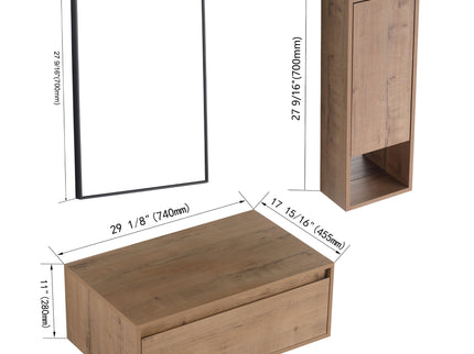 30" Wall Mounted Dressing Table With Mirror, Frame Storage Cabinet, Soft Close Door - Imitative Oak