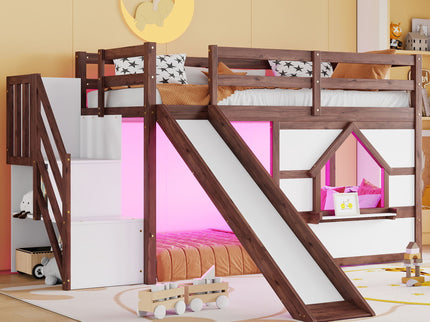 Loft Bed With Storage Stairs, Slide, Playhouse Window And 7 Colors LED Lights