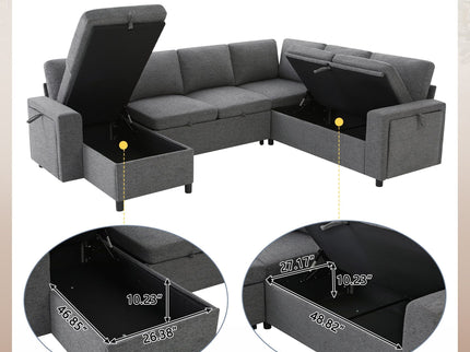 U - Shaped Convertible Sectional Sofa Bed With Storage, USB Charger & Cup Holders