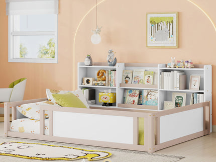 Platform Floor Bed With Guardrail Fence And Side Storage Shelves