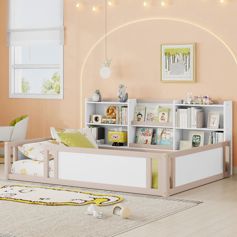 Platform Floor Bed With Guardrail Fence And Side Storage Shelves