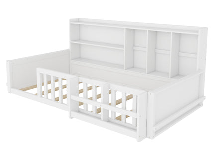 Platform Bed Frame With Guardrail, Storage Shelves & Bookshelf