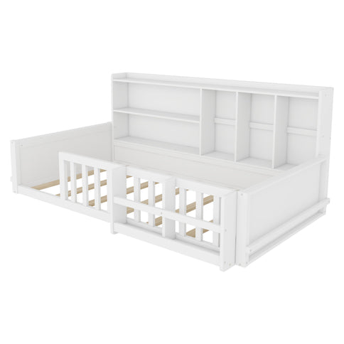 Platform Bed Frame With Guardrail, Storage Shelves & Bookshelf