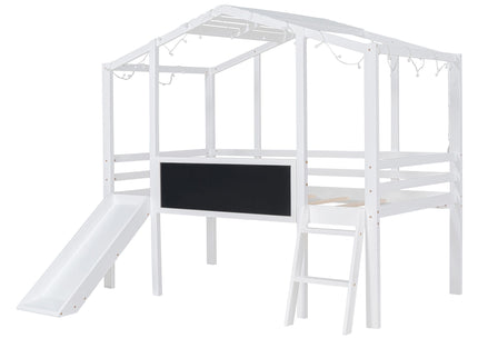 Loft House Bed With Ladder And Slide, With board And Light Strip On The Roof