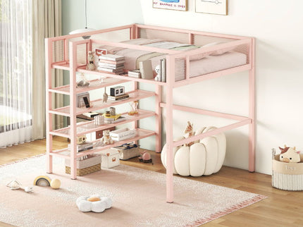 Loft Bed With 4 Tier Shelves And Storage
