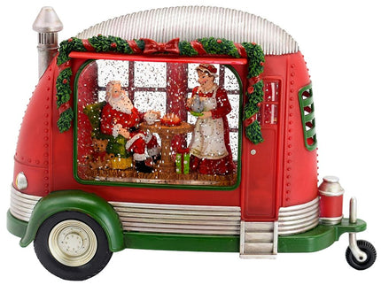 Christmas Plastic / Resin Camper With Mr & Mrs Santa Tea Time LED / Water Spinning / 2 Way Switch, 3*AA Required - Red