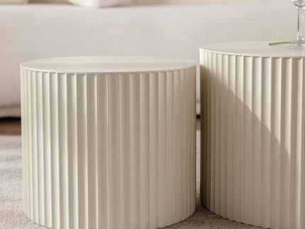 Drum Nesting Coffee Table With Wave Stripe Design For Living Room (Set of 2) - Beige / White
