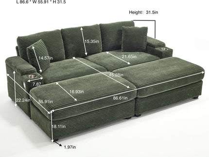 Convertible Sectional Sofa Bed Set With Armrest Storage, Cup Holder, USB, 4 Seater - Green
