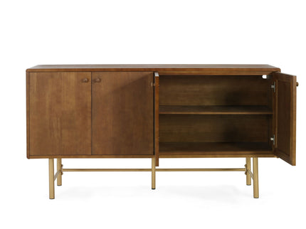 Modern Scandinavian 4 Door Sideboard Storage Cabinet With Adjustable Shelves - Brown / Gold