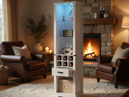 Pantry Cabinet With LED Lights, Wine Rack, Tempered Glass Shelves, And Barn Door Design - White
