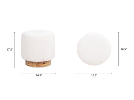 Tilly - Round Fur Upholstered / Burl Pouf Ottoman - White