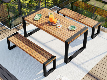 3 Pieces Outdoor Dining Table With 2 Benches, Patio Dining Set With Unique Top Texture, Acacia Wood Top & Steel Frame, All Weather Use, For Outdoor & Indoor - Natural
