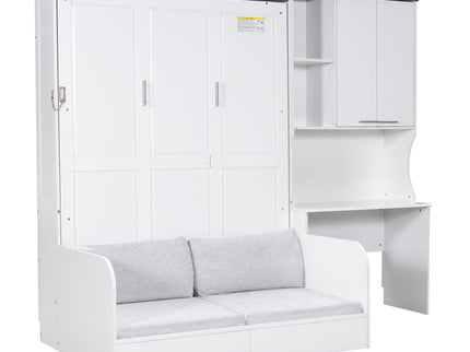 Multi Functional Murphy Bed With Sofa, Desk, And Storage Cabinet In, Full Size - White