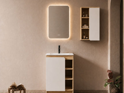 24" Bathroom Vanity With Sink & Wall Mounted Side Cabinet, Vanity Set With Thin Edge Sink, Interchangeable & Door Panels, Open & Hidden Storage - Black / Light Oak / White