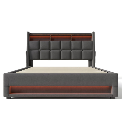 Platform Bed With Hydraulic Storage, LED Lighting & Charging Station