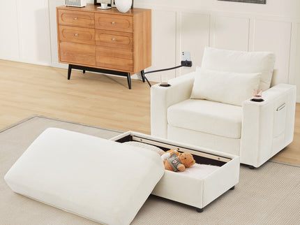 Modern Style Armchair Chaise Lounge Sofa Couch With Movable Storage Ottoman, USB Ports, Cup Holders, Phone Holder, Side Pockets