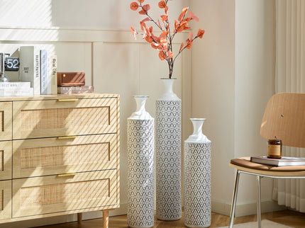 Modern Floor Vase Set Metal Vases With Geometric Pattern, 3 Piece Home Decor Set - White / Black