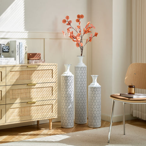 Modern Floor Vase Set Metal Vases With Geometric Pattern, 3 Piece Home Decor Set - White / Black