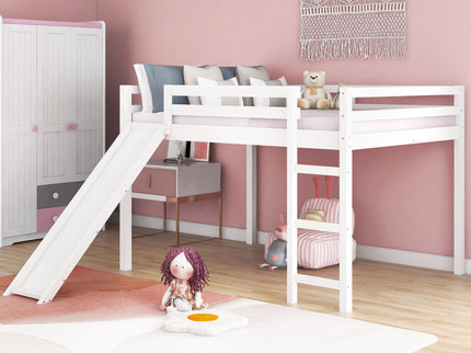 Full Loft Bed With Slide, Multifunctional Design - White