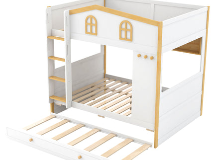 Full Over Full Bunk Bed With Storage Shelves And Trundle - White / Natural
