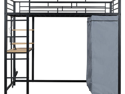 Loft Bed With Desk, Shelves, Power Outlet, LED Light And Wardrobe
