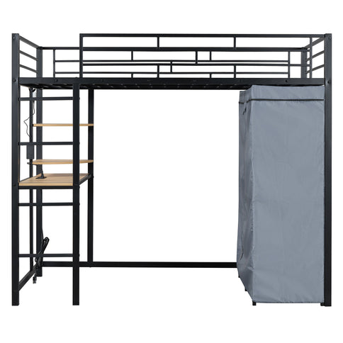 Loft Bed With Desk, Shelves, Power Outlet, LED Light And Wardrobe