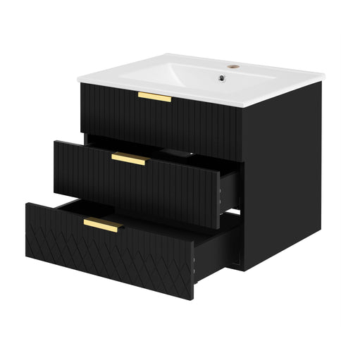 Wall Mounted Floating Cabinet With Double Drawer, Rectangular Sink