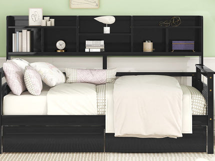 Daybed, Slat Support, With Bedside Shelves And 2 Drawers