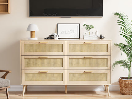Rattan 6 Drawers Chest Of Dressers For Bedroom, Modern 6 Drawer Dresser, Wide Chest Of Drawers With Wood Handles, Rattan Dresser Storage Cabinet For Living Room, Bedroom, Hallway - Natural Wood / Oak