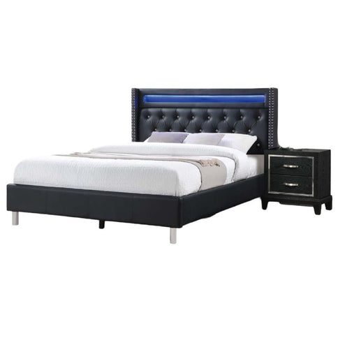 Modern Bed With LED Lights, Charging Port, Tufted Headboard