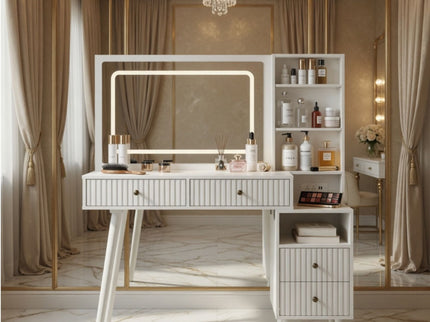 Fluted Vanity Desk With Lighted Mirror & Outlet 4 Drawer, Makeup Table - White