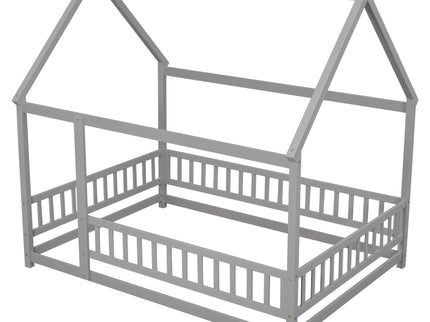 Floor Wooden Bed With House Roof Frame, Fence Guardrails