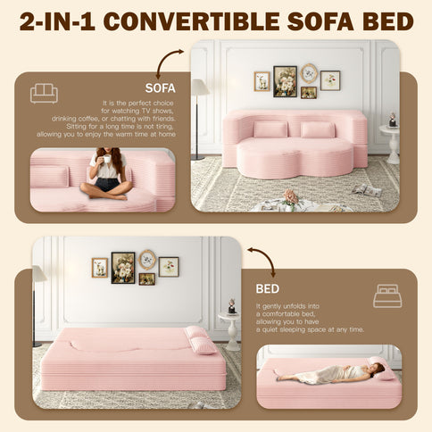Modern Floor Sofa With 2 Pillows, Convertible Twin Size Folding Mattress For Living Room