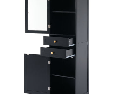 Tall Bathroom Storage Cabinet With Glass Doors, Free-Standing, Two Drawers, And Adjustable Shelves, Board, Painted Perfect For Displaying Your Favorite Items