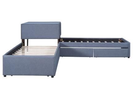 L Shaped Upholstered Platform Bed With Trundle And 2 Drawers Linked With Built In Desk