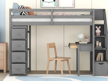 Loft Bed With Storage Drawers, Desk And Stairs With Shelves