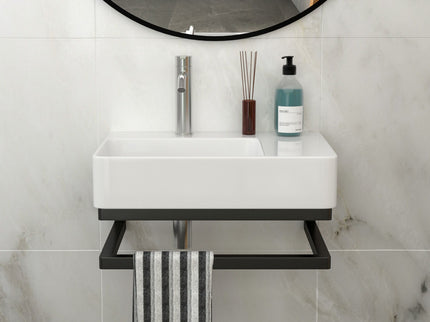 Wall Mounted Rectangular Bathroom Sink With Towel Bar And Faucet Hole - White