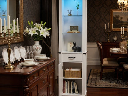 Pantry Cabinet With LED Lights And Barn Door With Tempered Glass Shelves - White
