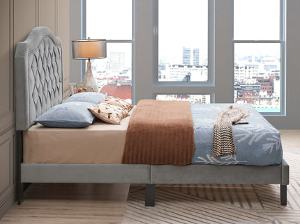 Queen Platform Upholstered Bed Button Tufted With Curve Design, Strong Wood Slat Support - Gray
