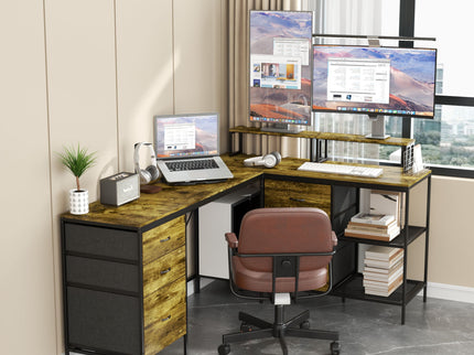 Industrial L Shaped Desk With Power Hub With 6 Drawers And Adjustable Monitor Stands - Brown