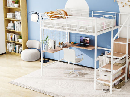 Loft Bed With Desk And Grid, Stylish Frame With Lateral Storage Ladder And Wardrobe