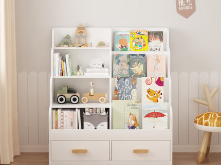 Bookshelf With 2 Storage Drawers, Front Facing Bookcase And Toy Organizer, Multi Tier Reading Shelf - White