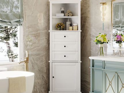 Tall Storage Cabinet With 3 Drawers And Adjustable Shelves For Bathroom